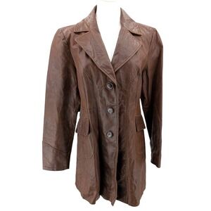 Brown Leather Jacket Tailored Blazer Style Button Front Women's M